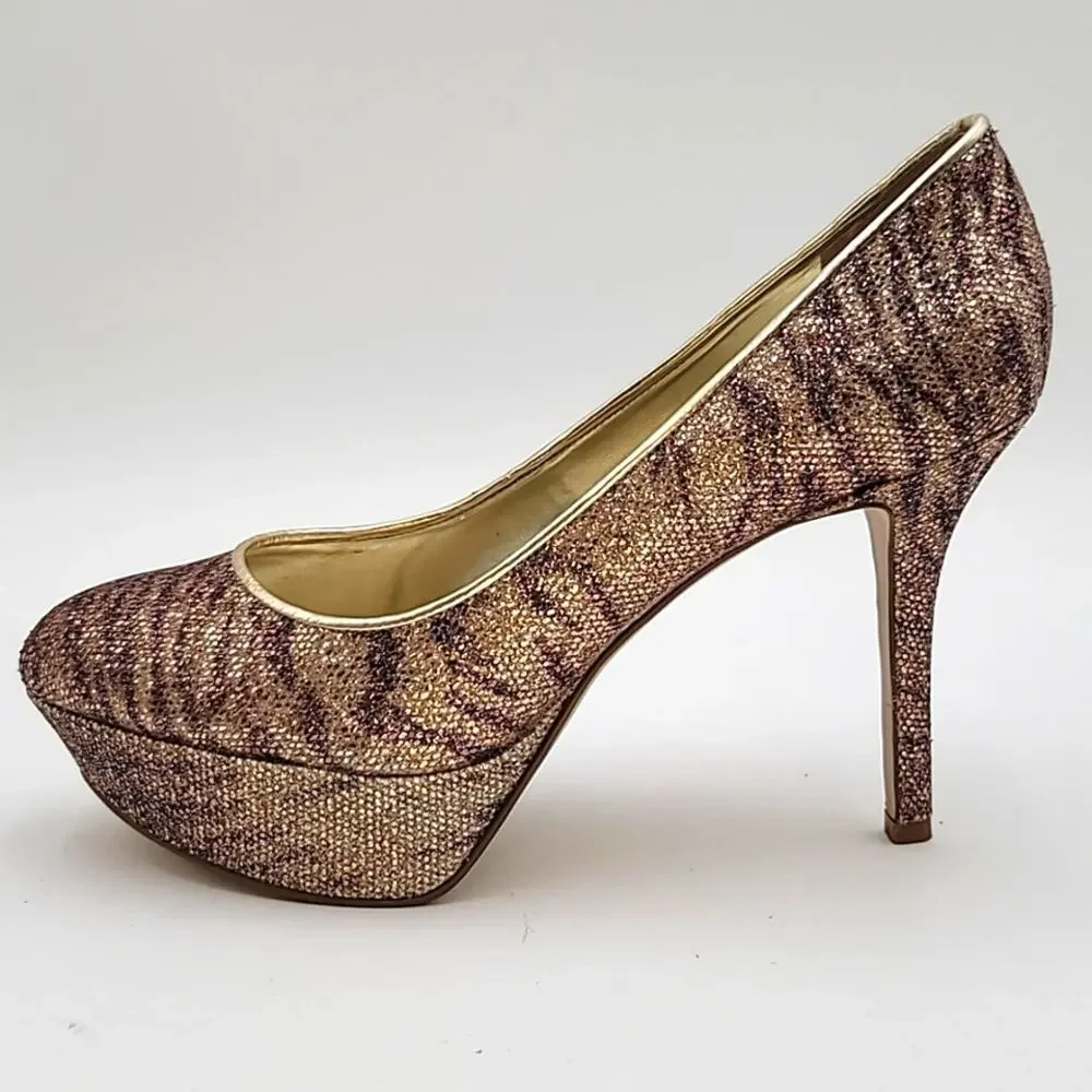 NINE WEST sz9.5 Mendoza Platform Glitter Tiger Stripe Stilettos BLINGGGGG